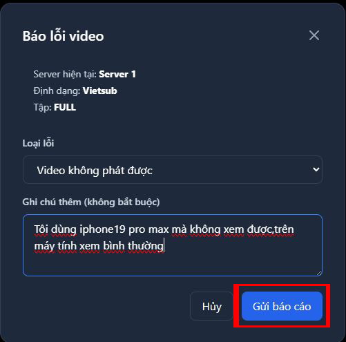 Chọn loại lỗi và gửi báo cáo